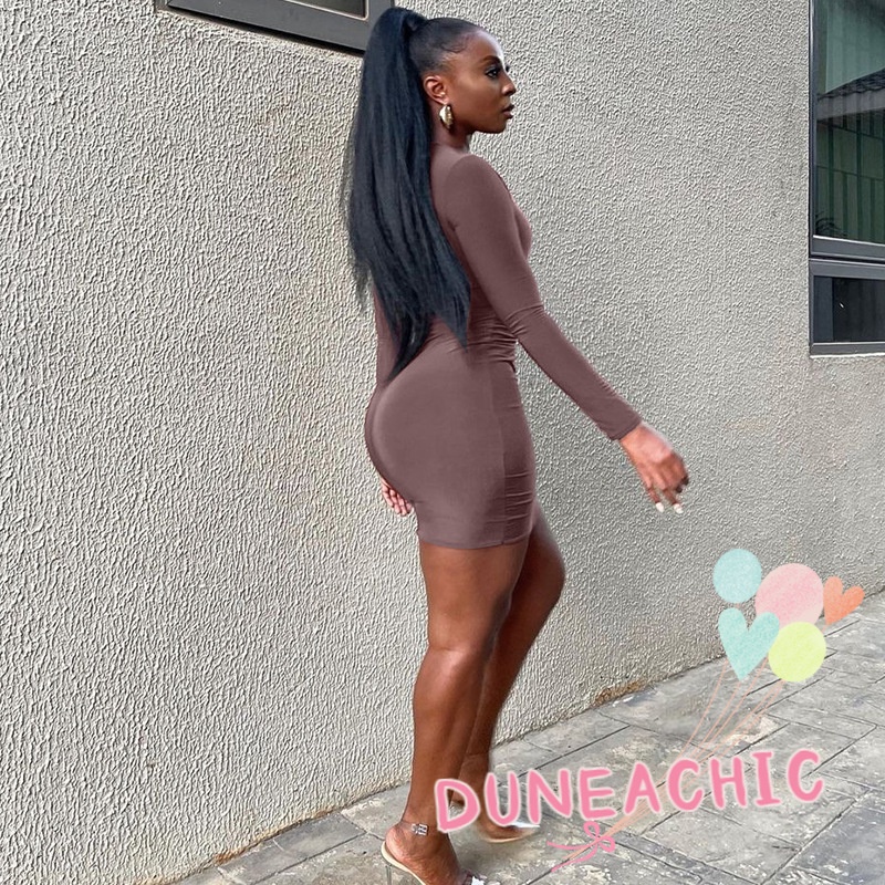 DUNEA Đầm tay dài ôm dáng màu trơn thời trang quyến rũ dành cho nữ