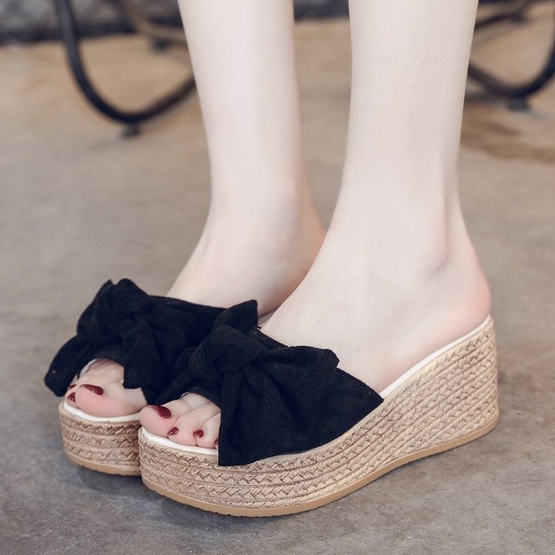 Dép đế xuồng đính nơ cỡ 7cm phong cách mùa hè thời trang cho nữ