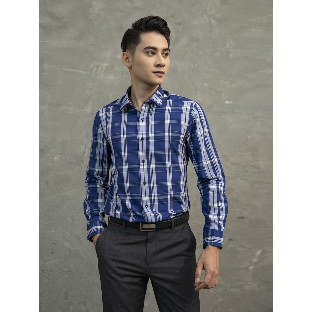 Áo Sơ Mi Nam Dài Tay ARISTINO ALS02101 Somi Công Sở Cao Cấp Màu Xanh Tím Than Kẻ Trắng Vải Sợi Sồi Dáng Ôm Không Túi