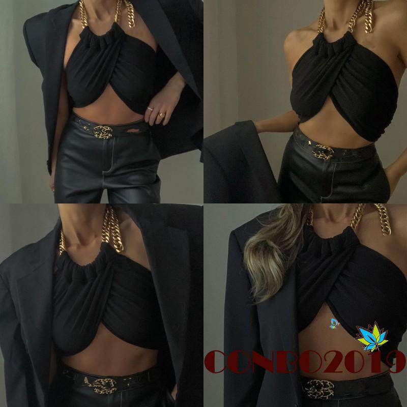 Áo Croptop Sát Nách Hở Lưng Phối Dây Xích Kim Loại Thời Trang Mùa Hè Cho Nữ
