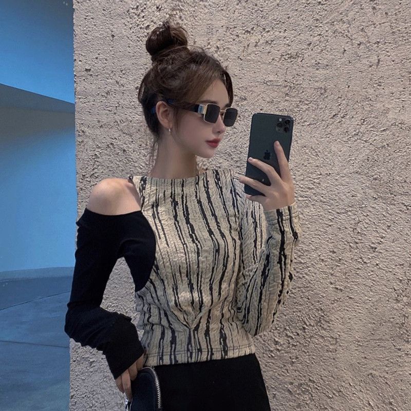 New Spring Slim Slimming off-Shoulder Top False Two-Piece Suit Patchwork Fitted Waist Bottoming Shirt