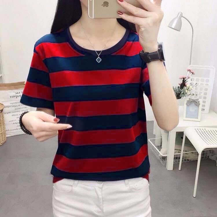 Áo Thun Tay Ngắn Dáng Rộng Họa Tiết Kẻ Sọc Thời Trang Cho Phụ Nữ Trung Niên