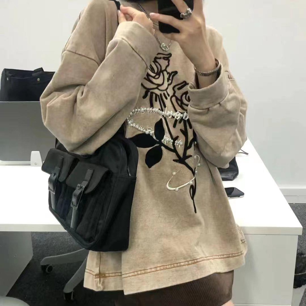Áo Sweater Cổ Tròn Dáng Rộng Thêu Hình Hoa Hồng Thời Trang Thu Đông Phong Cách Retro Mỹ Mới