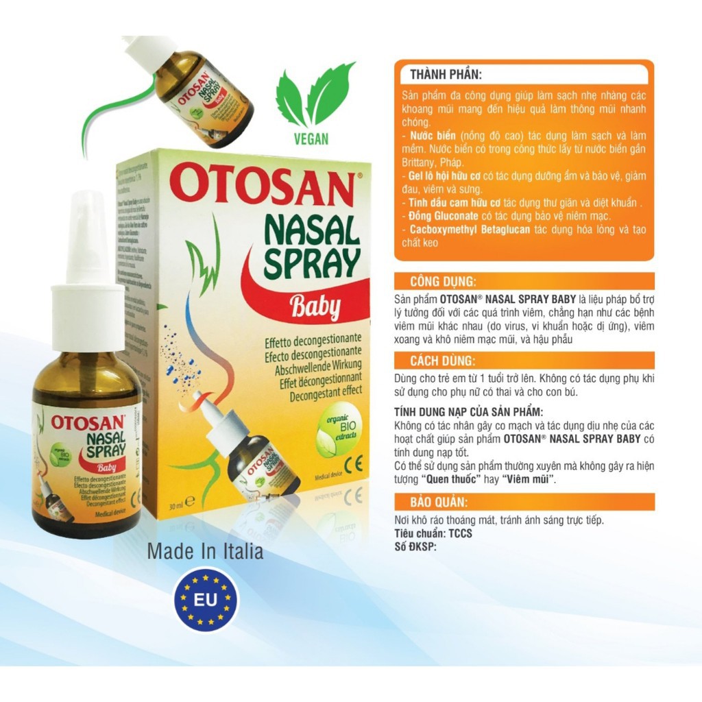 Otosan Nasal Spray Baby - Hỗ trợ viêm mũi do vi khuẩn hay virus, viêm xoang, khô niêm mạc mũi (Lọ 30ml).