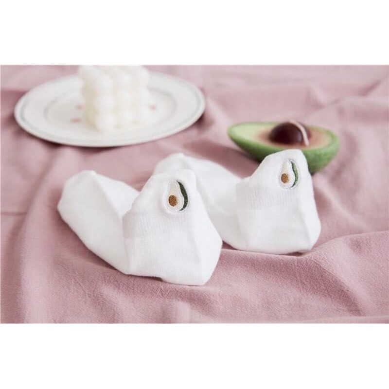 Vớ ngắn, tất ngắn, có đỡ gót thêu trái cây chất cotton thoáng mát, thấm hút mồ hôi_hình thật