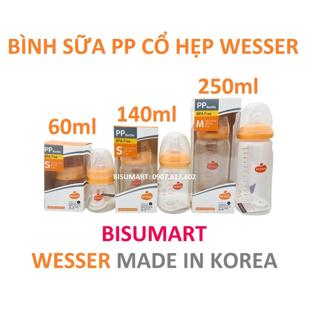 Bình Sữa Wesser Cổ Hẹp PP Mẫu mới 60ml - 140ml - 250ml