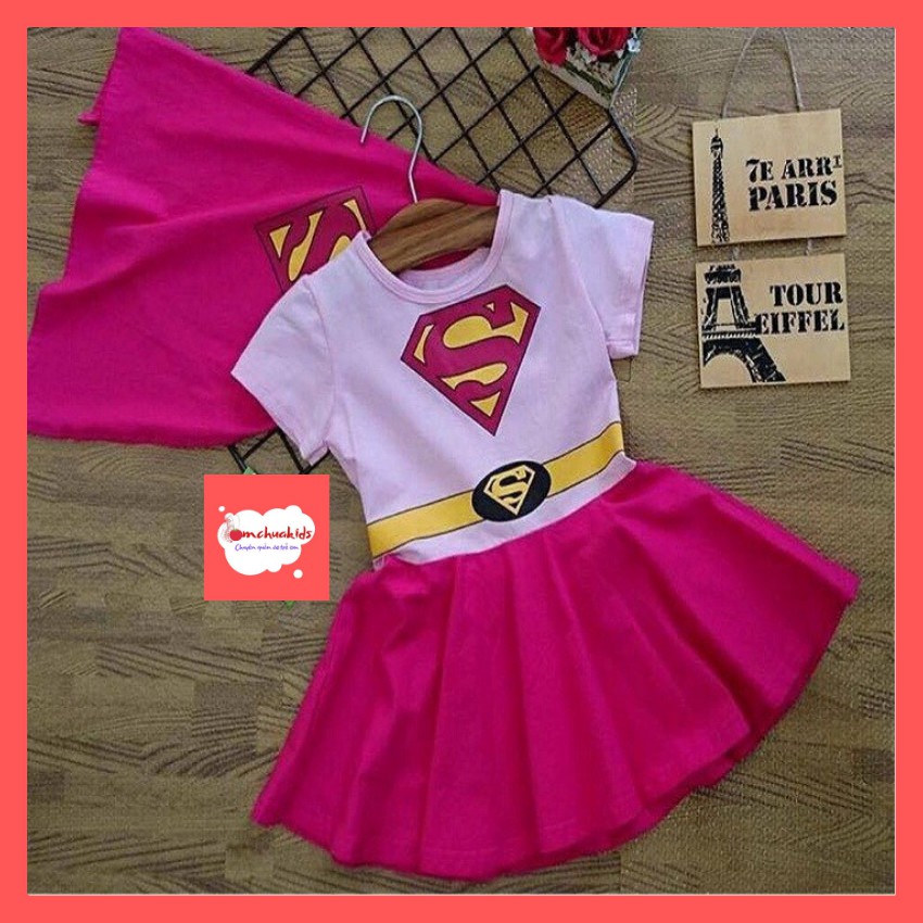 Đầm siêu nhân supergirl bé gái kèm áo choàng từ 9-26kg- thun cotton thấm hút mồ hôi, hình không bong tróc