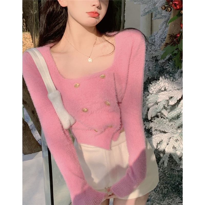 Áo sweater Dệt Kim Mỏng Phối Lông Chồn Phong Cách Hàn Quốc Mới
