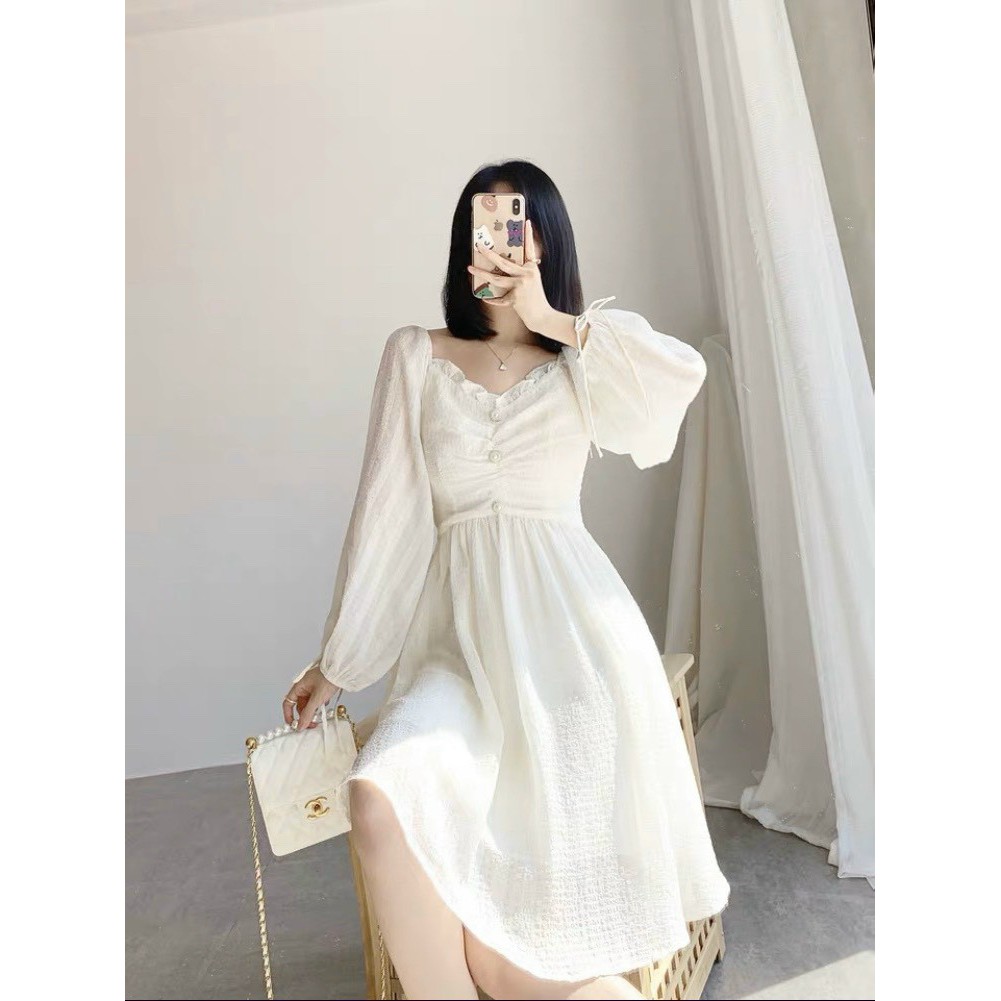 Đầm trắng tiểu thư đài cát tay dài phồng xinh xỉu dáng xòe - Freesize - BomBom shop