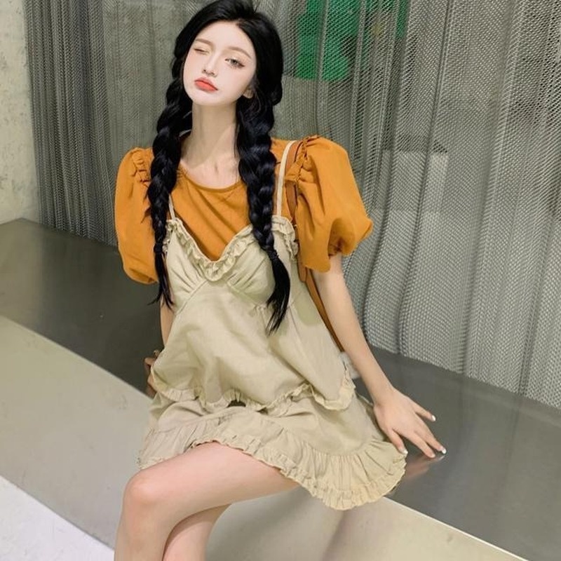 Set Áo Sơ Mi Tay Phồng + Váy Yếm Phong Cách Hàn Quốc Thời Trang Cho Nữ