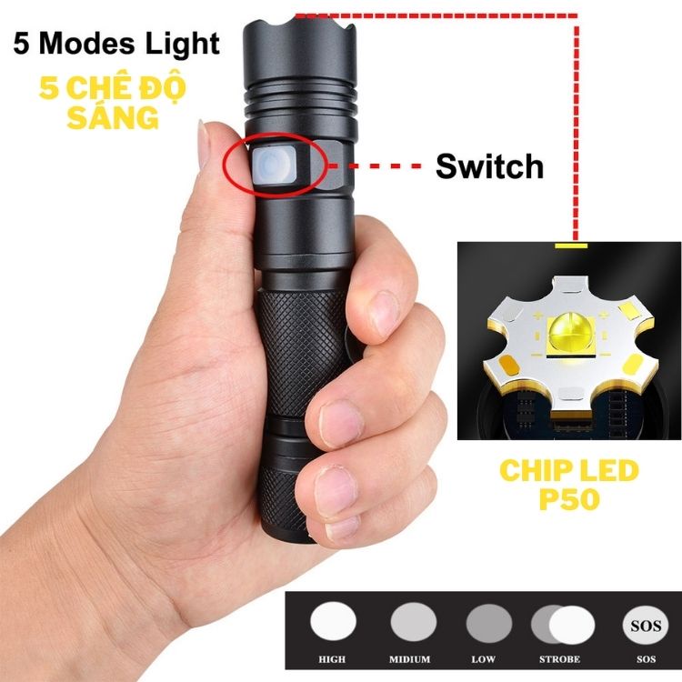 Đèn pin cầm tay mini siêu sáng chip led XHP50 MÃ 10, pin 18650