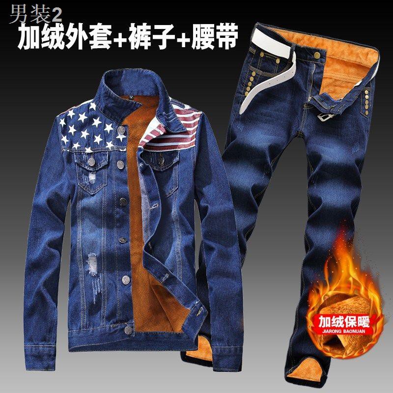 ✻✔Bộ đồ nam mùa thu và đông mới 2019 của áo khoác nhung lót quần dài denim