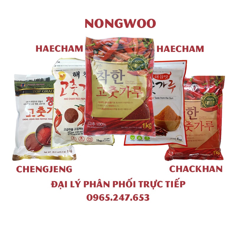 ỚT BỘT CHUẨN HÀN QUỐC làm kim chi, mì cay, tokbokki, cánh (vảy) + mịn, - Nongwoo, Haecham, Cheng Jeong