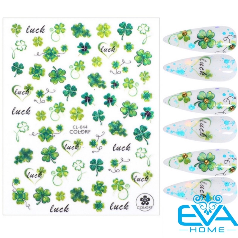 Sticker Dán Móng Tay 3D Dạng Decal Dán Chống Nước Hoạ Tiết Cỏ 4 Lá Lucky 4 Leaf clover Ánh Nhũ Lấp L