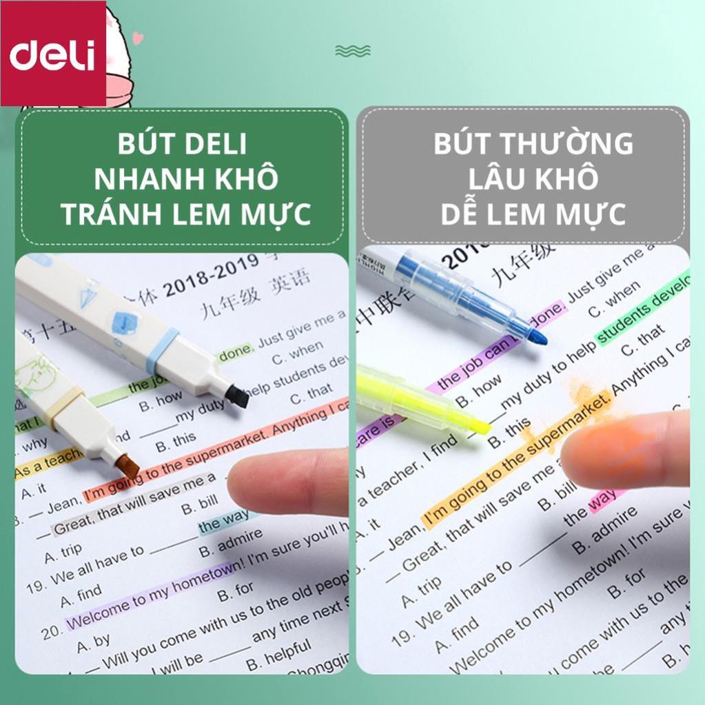 Bút highlight kèm sticker Deli - nhấn dòng macaron dạ quang - hộp 6 chiếc - S742 [Deli]