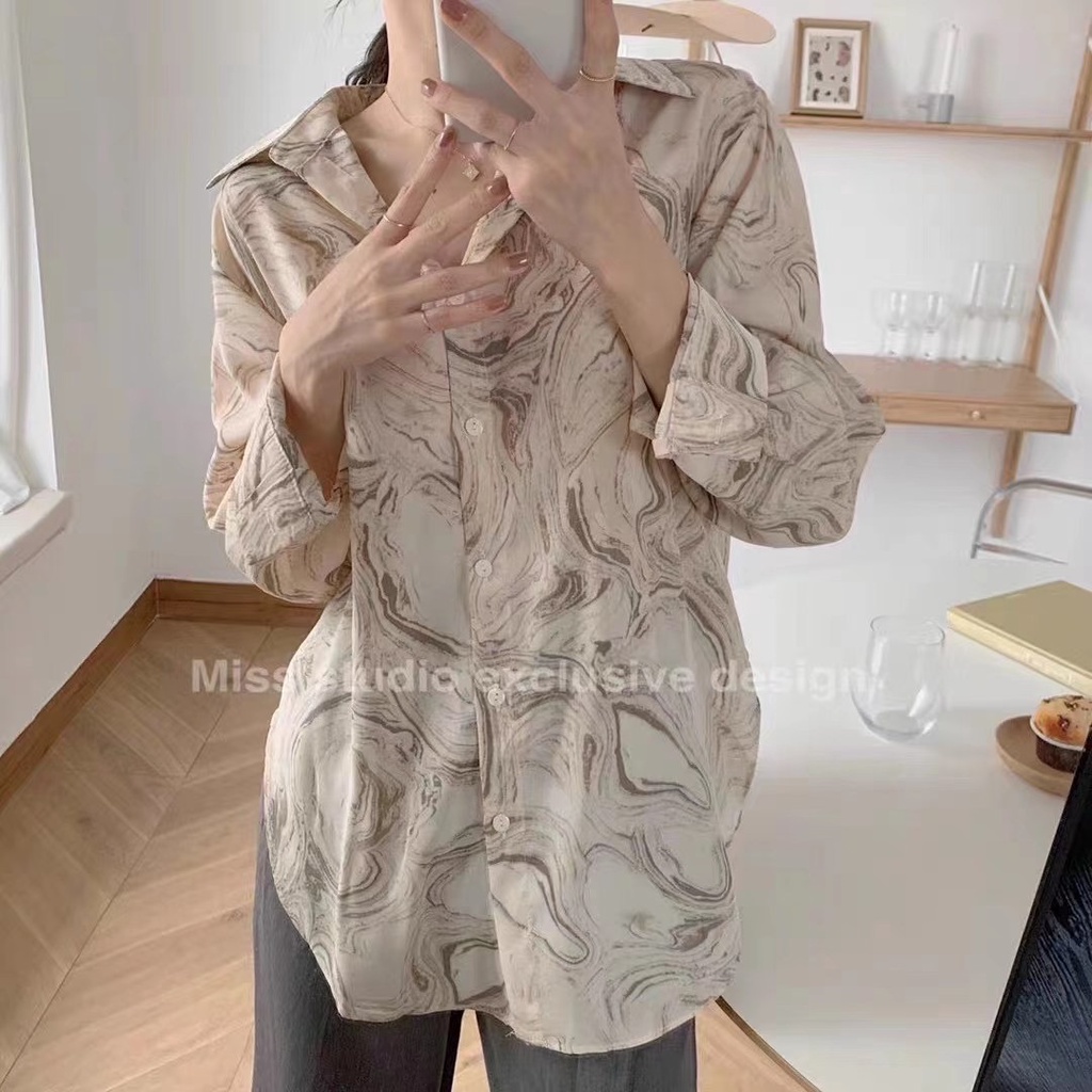 SUXI Áo Sơ Mi Tay Dài Dáng Rộng In Họa Tiết Vintage Dễ Phối Đồ Thời Trang Xuân Hè Phong Cách Hàn Quốc