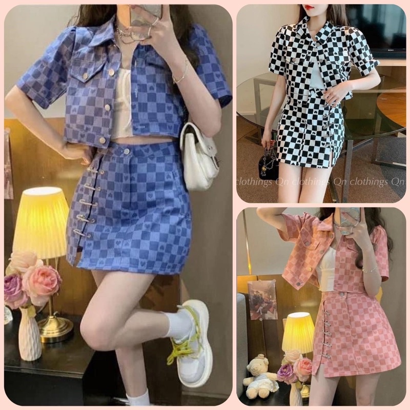 Set áo sơ mi croptop kèm chân váy