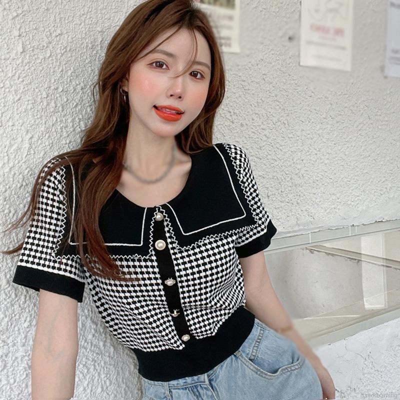 Áo Phông Áo Croptop Áo Thun Áo Cardigan Dệt Kim Tay Ngắn Cổ Thủy Thủ Kẻ Sọc Kiểu Hàn Quốc Cho Nữ