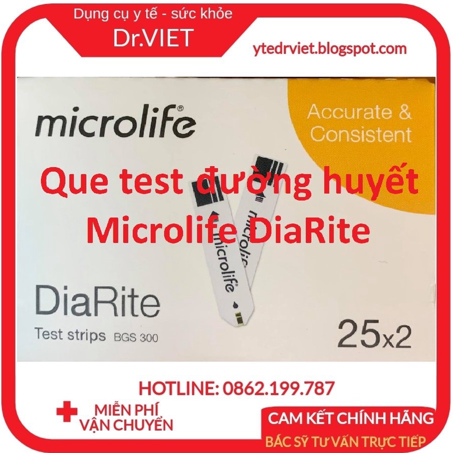 Que thử đường huyết Microlife DiaRite BGM TEST- Lọ 25 hoặc hộp 50 que giúp Đo đường huyết, mỡ máu Cholesterol, Acid Uric