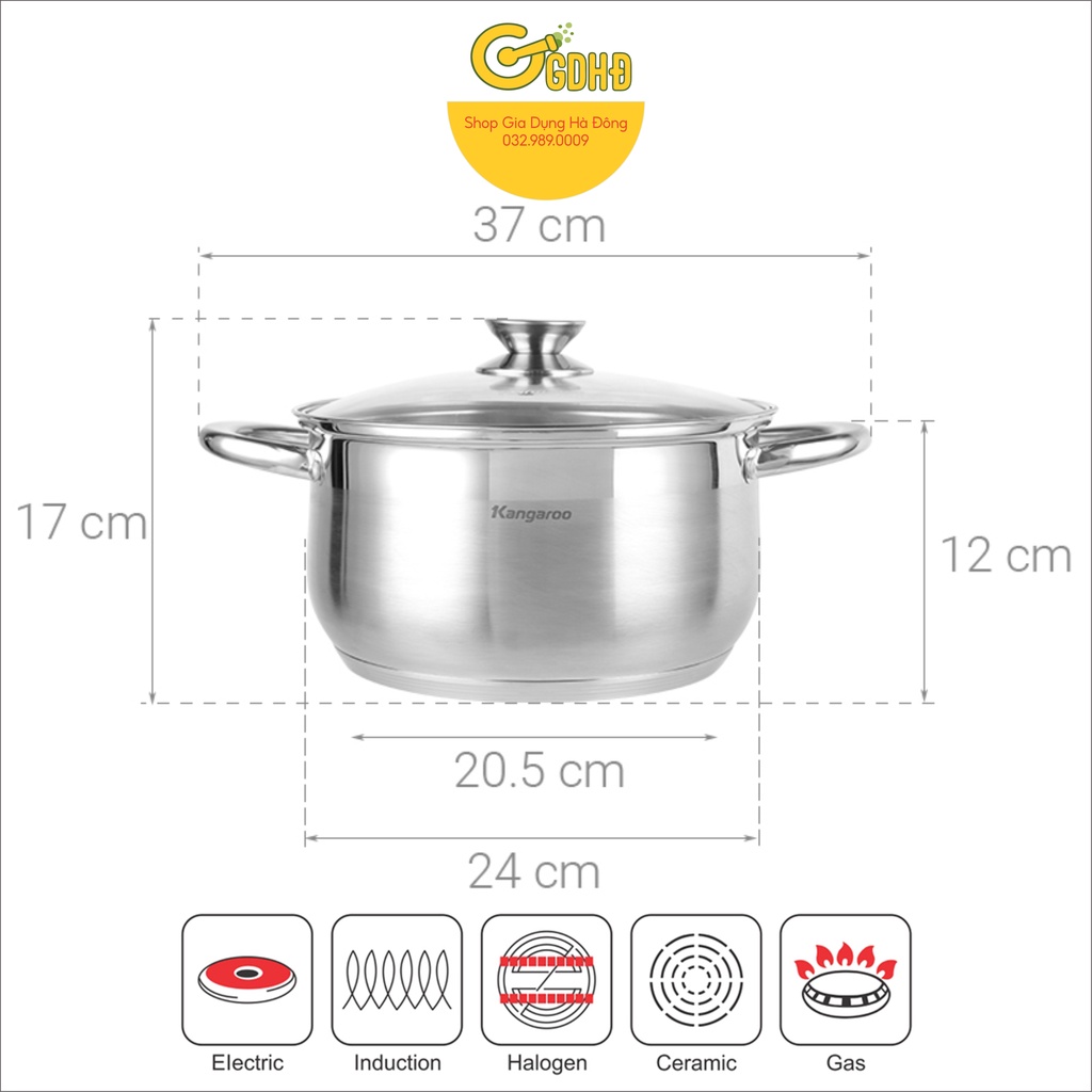 KG878L - Nồi inox 5 đáy đường kính 24cm, hàng loại 5 lớp cao cấp kangaroo, quai inox đinh tán sáng bóng gắn siêu chắc