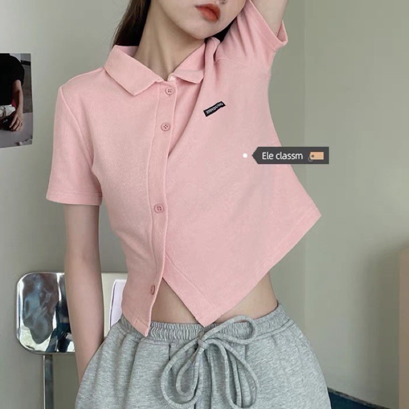 [Mã FAGREEN245 giảm 10% tối đa 30K đơn 99k] [Có sẵn+ảnh thật] Áo croptop vạt xéo hồng pink chất thun gân mẫu 2021