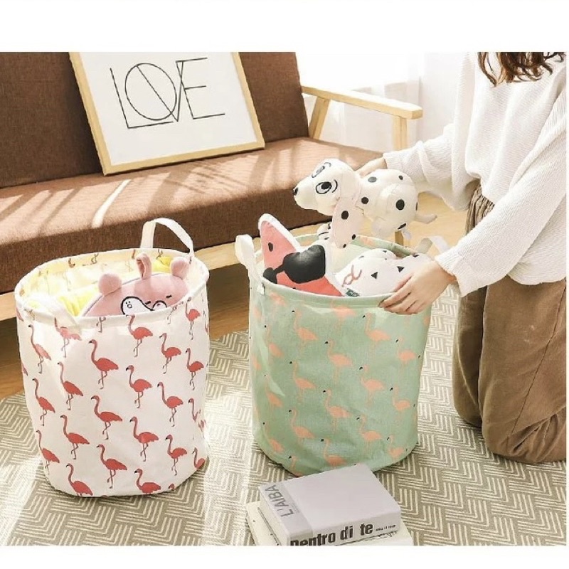 Sọt vải đựng đồ gấp gọn tiện dụng HOẠ TIẾT dễ thương hình trụ có tay cầm - Giỏ vải đựng đồ đa năng Vintage size lớn