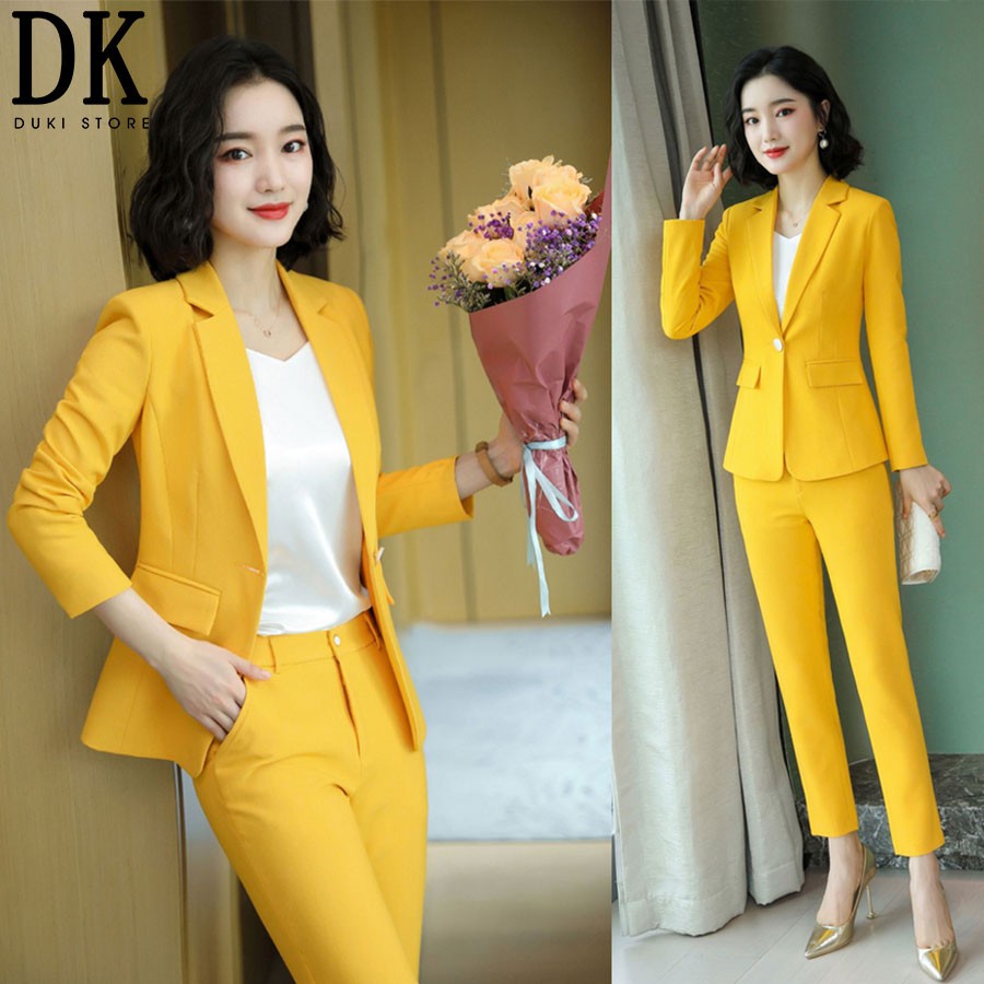 Bộ vest nữ công sở 1 cúc màu vàng cao cấp đẹp - DUKI STORE