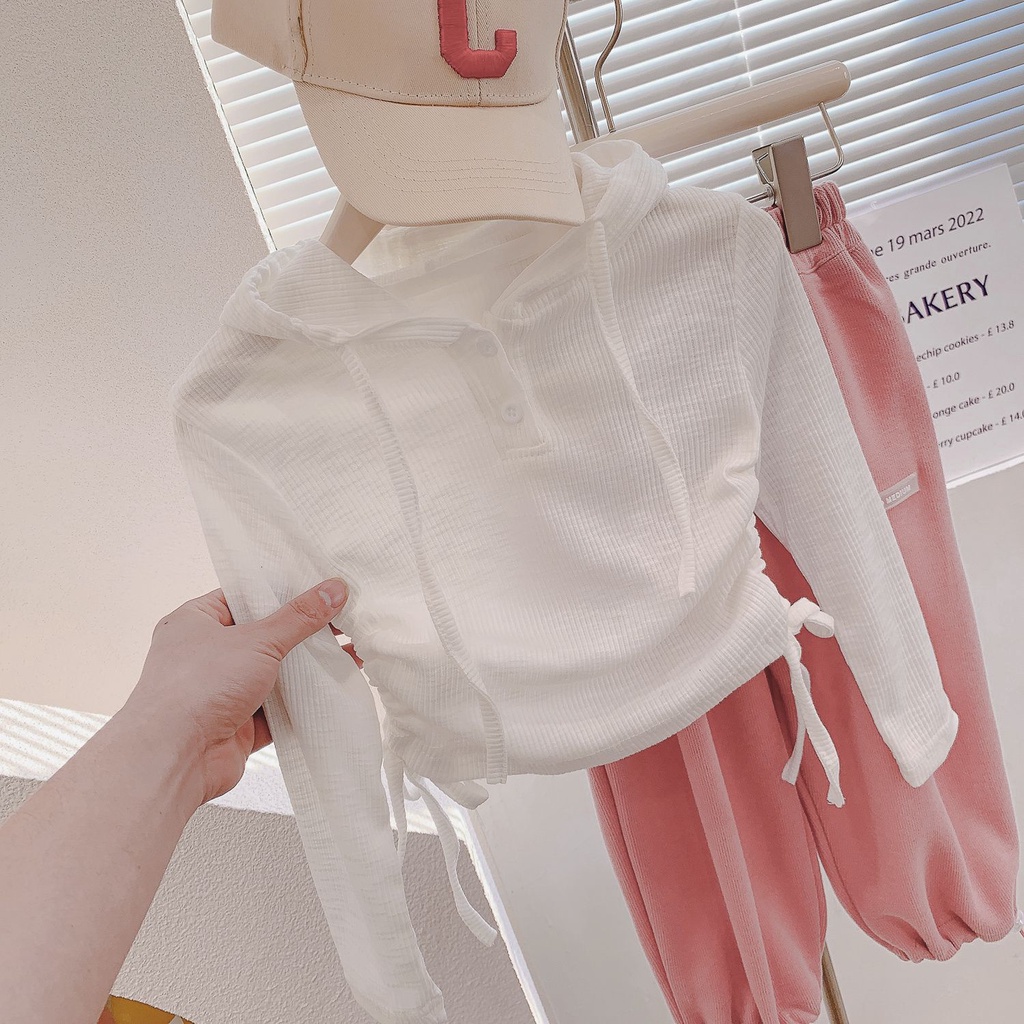 Áo Thun Tay Ngắn Có Mũ Trùm Dây Rút Bên Hông Phong Cách Phương Tây Hàn Quốc Màu Kẹo Ngọt Dễ Phối Đồ Cho Bé Gái