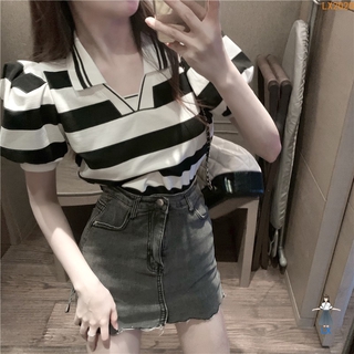 <Ready> Áo kiểu tay phồng ngắn ôm dáng phong cách Hàn Quốc thời trang mùa hè cho nữ