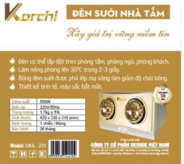 Đèn sưởi nhà tắm 2 bóng Korchi chống loá mắt (BH 3 năm)