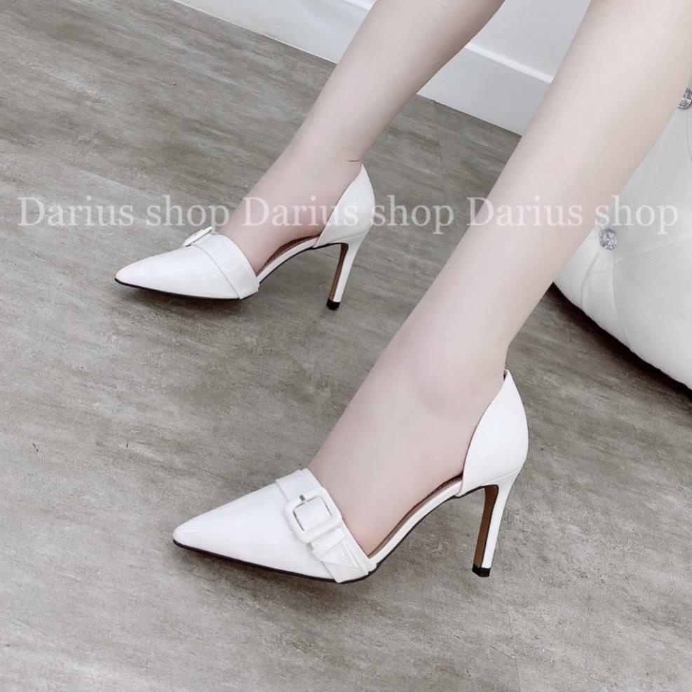 Giày cao gót bít mũi hở eo gót nhọn da bóng 7cm - Mi54 ./ ✔️