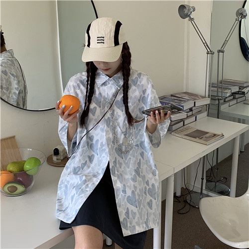 Áo Sơ Mi Tay Ngắn Cổ Bẻ Dáng Rộng In Họa Tiết Trái Tim Phong Cách Cổ Điển Thời Trang Cho Nữ