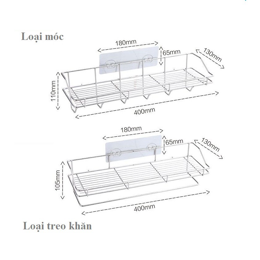 Kệ đựng mỹ phẩm treo tường, Kệ hình chữ nhật góc Inox 304 dán tường nhà tắm kèm Móc treo khăn