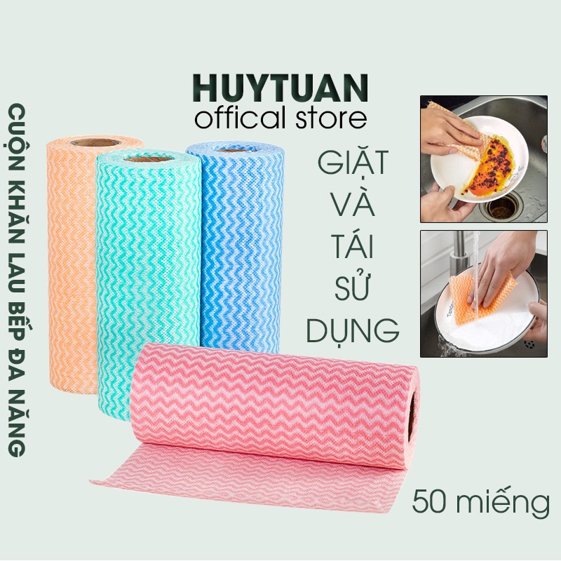 Khăn lau bếp - Khăn lau chén đĩa vệ sinh nhà cửa 50 miếng 1 cuộn có thể giặt được (CM50)
