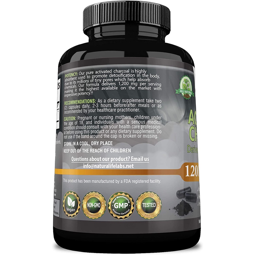 NaturaLife Labs Activated Charcoal 1200mg - Viên nang than hoạt tính hỗ trợ giải độc, hệ tiêu hóa và trắng da 100 viên