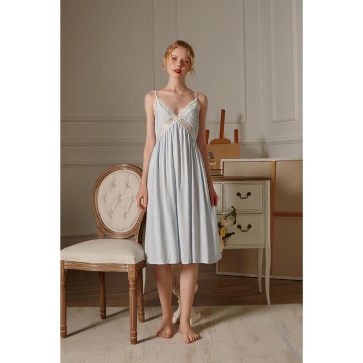 Váy ngủ nữ cổ chữ V ren cotton sling sexy màu xanh nhạt chất lượng cao p