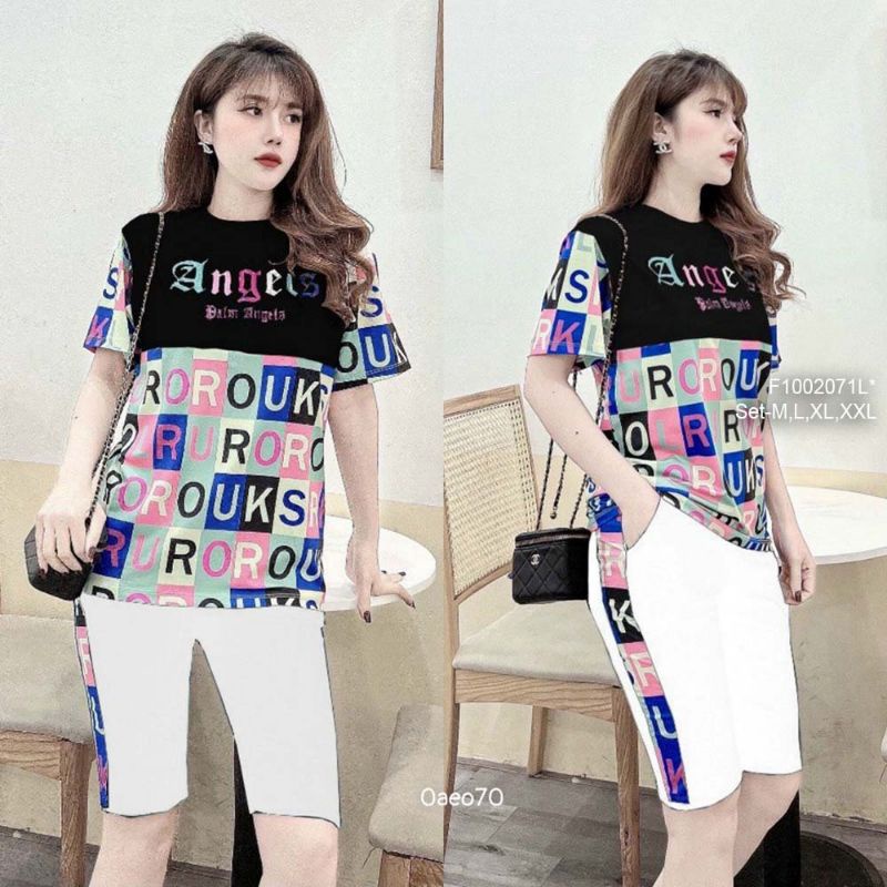 Set bộ thun lỡ viền áo phối họa tiết chữ tay ngắn 1002