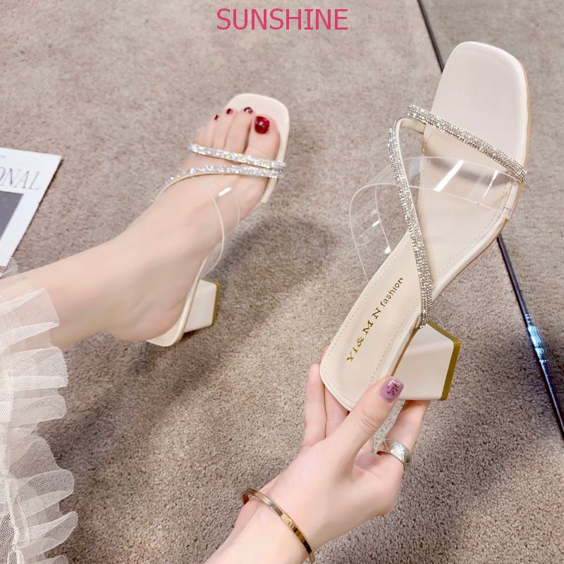 Sandal cao gót đế vuông, Dép cao gót quai đính đá Sunshine store A019