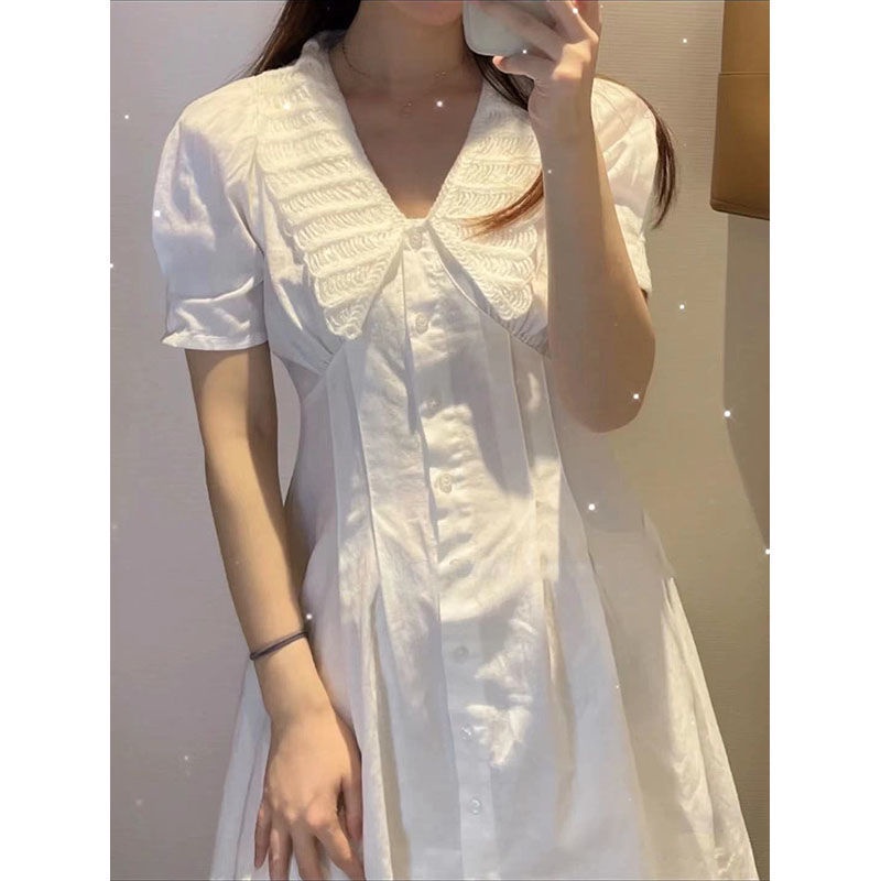 Đầm Trắng Cổ Chữ V Tay Phồng Thời Trang Xuân Hè Kiểu Pháp Mới Cho Nữ