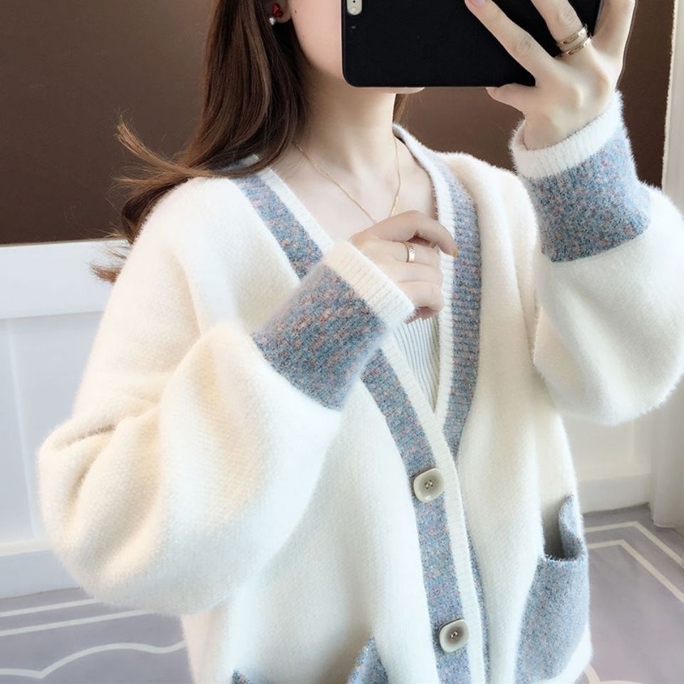 Áo khoác cardigan dệt kim dáng rộng vải nhung lông chồn giả thời trang xuân thu Hàn Quốc mới cho nữ