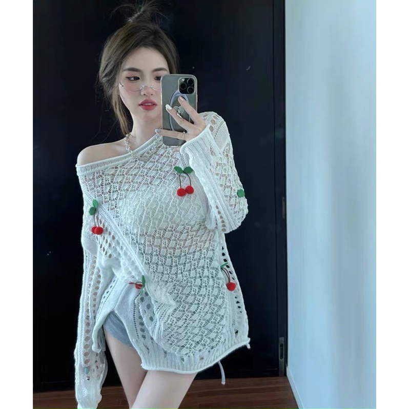 Áo len lưới cherry oversize form rộng cực hot