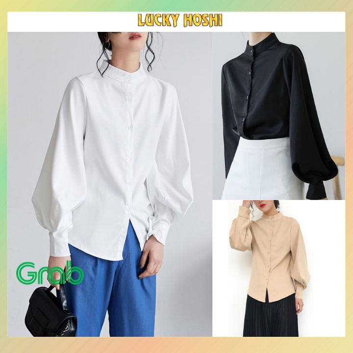 Áo sơ mi công sở nữ đẹp form vừa tay dài phồng kiểu Hàn Quốc vải lụa không nhăn mềm mịn mặc mát MUD01