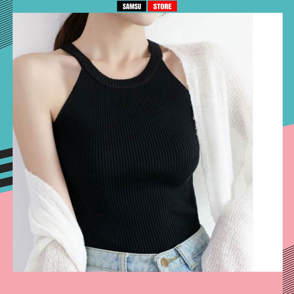 Áo yếm len croptop nữ 3 lỗ cổ trụ đen trắng thun gân