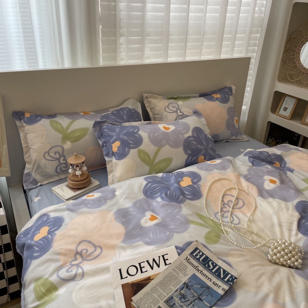 Bộ chăn ga gối cotton poly phong cách dễ thương - Mẫu hoa sáp xanh Drap Giường Đủ Kích Thước Trải Nệm 1m, 1m2, 1m4, 1m6,