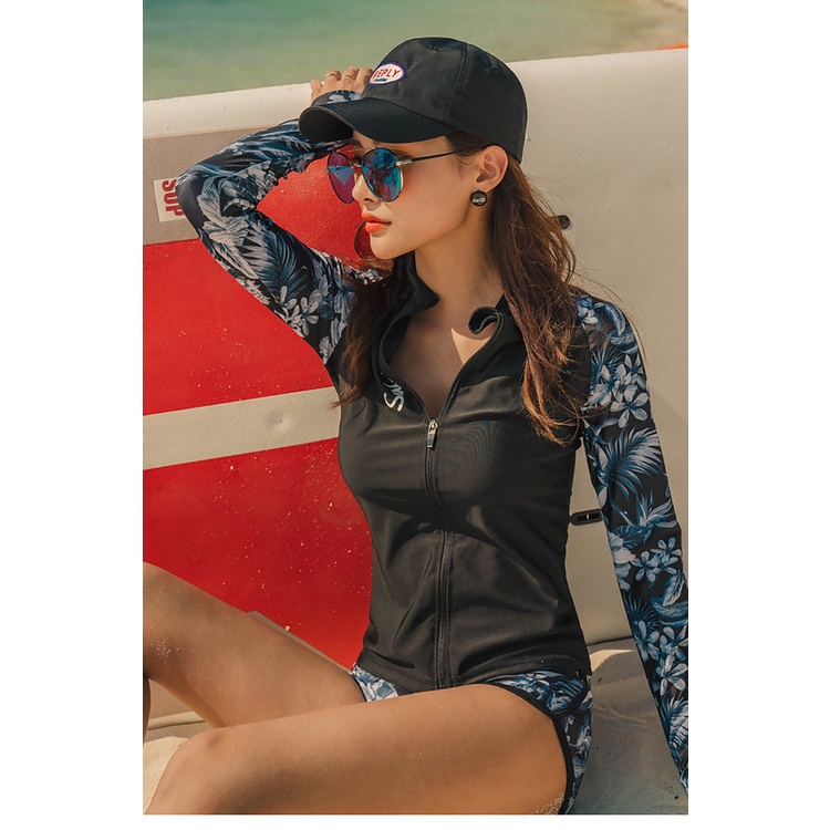 Bộ đồ bơi nữ dài tay kéo khóa thể thao phong cách Hàn