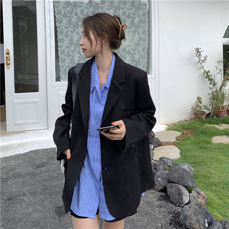 Áo khoác Blazer tay dài dáng rộng màu trơn phong cách Hàn Quốc thời trang nữ