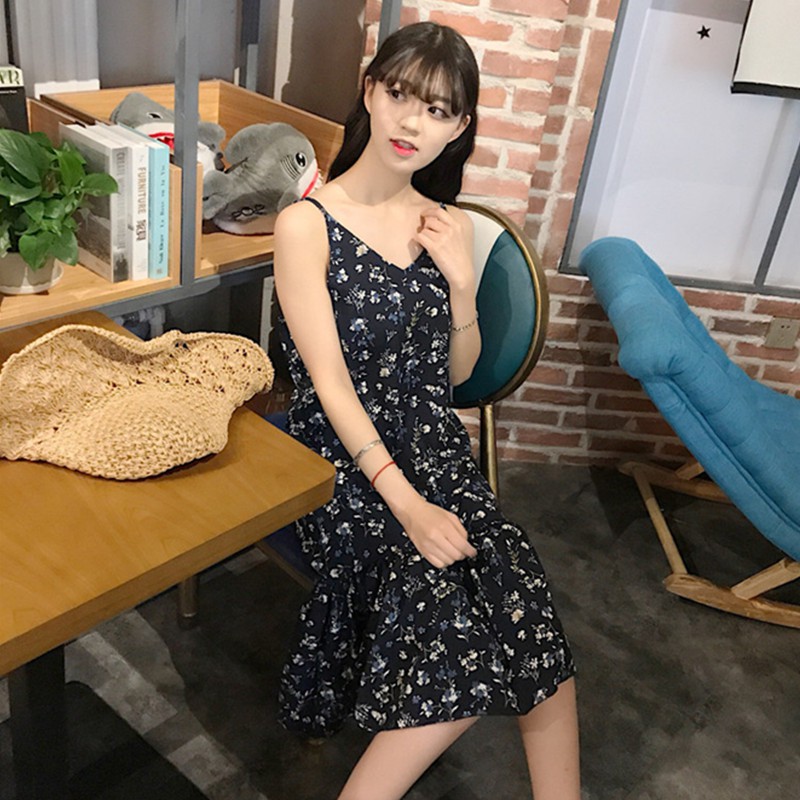 váy ulzzang đầm vintage dài váy yếm hoa nhí kiểu dáng hàn quốc (k kèm áo)