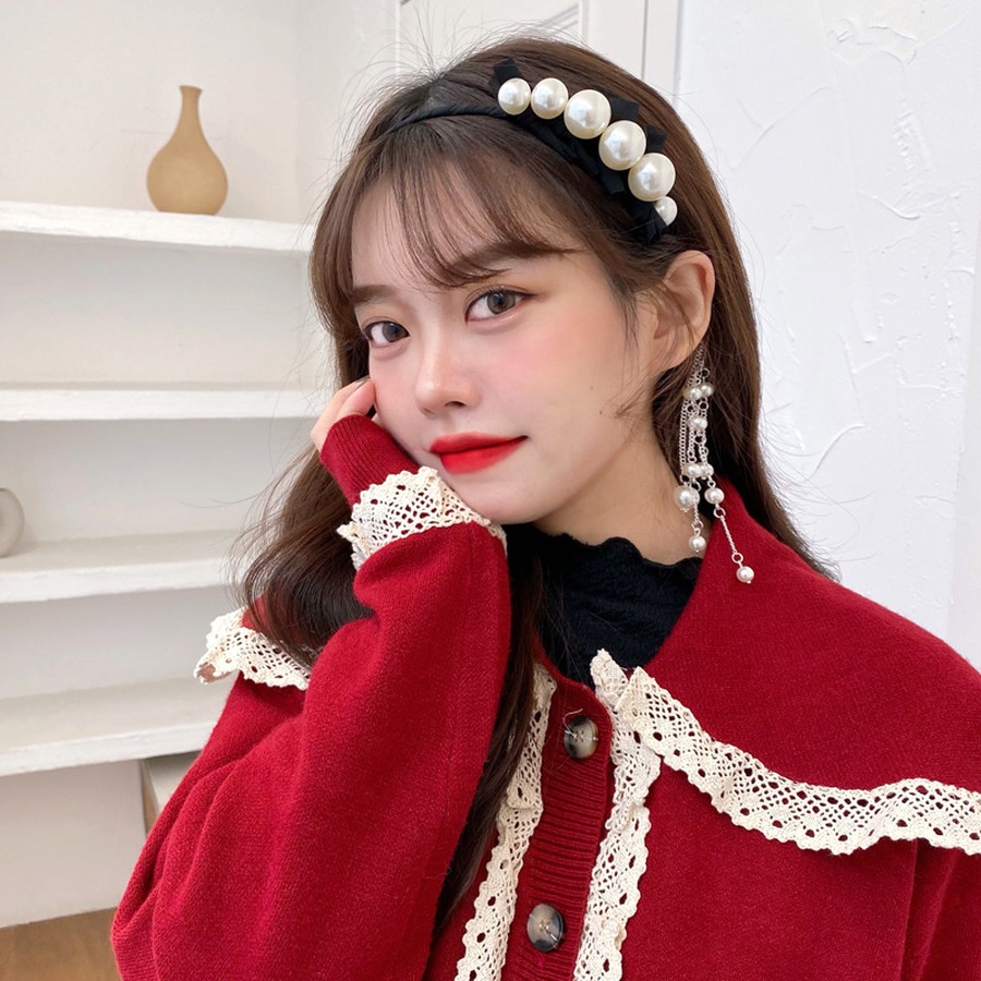 Băng Đô Ren Đính Ngọc Trai Và Nơ Có Thể Tháo Rời Thời Trang Hàn Quốc Cho Nữ