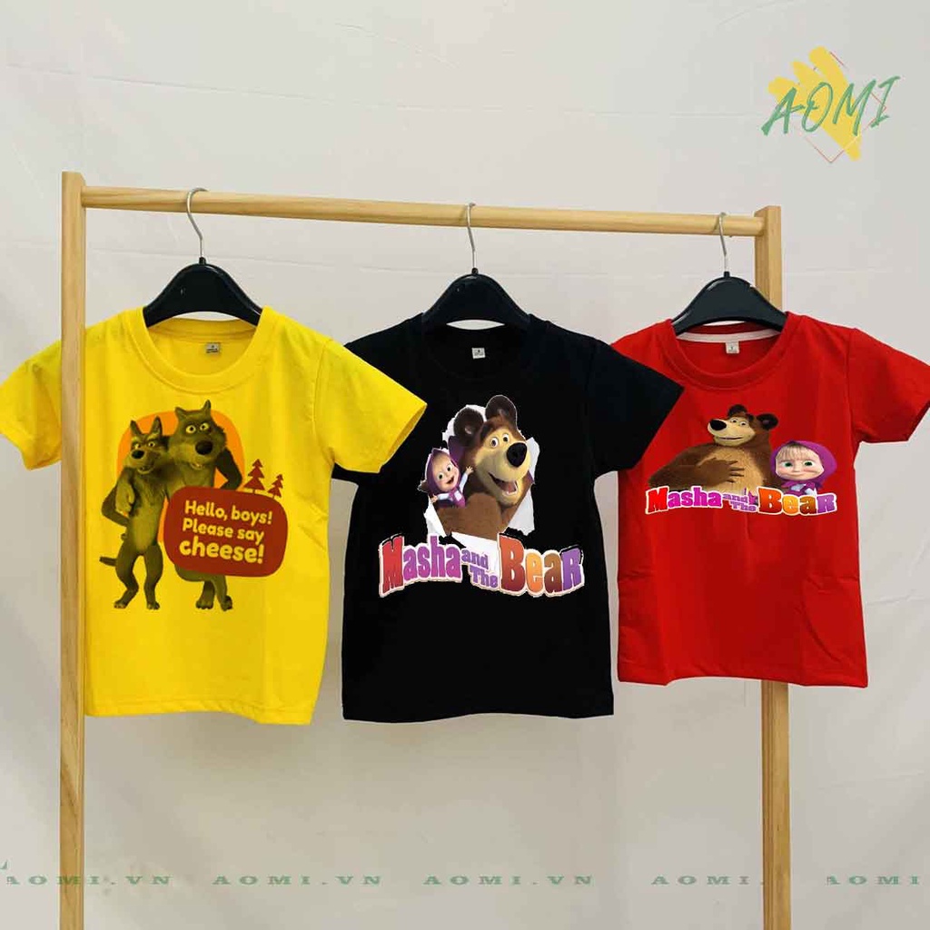 ÁO THUN UNISEX masha and bear gấu nâu PHÔNG VÀNG TAY NGẮN NAM NỮ GIA ĐÌNH CẶP ĐÔI SIZE TRẺ EM BÉ TRAI GÁI AOMIVN