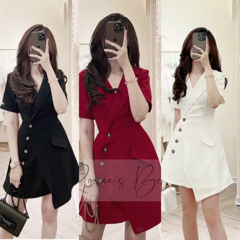 Đầm cổ vest công sở, đính nút điệu dà thanh lịch, đầm đỏ